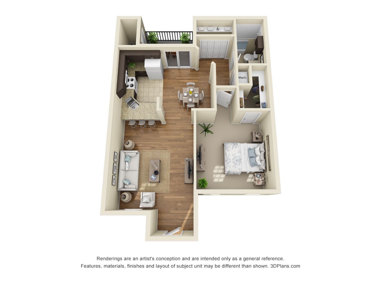 3D floor plan of a small furnished apartment with living room, kitchen, bedroom, and bathroom