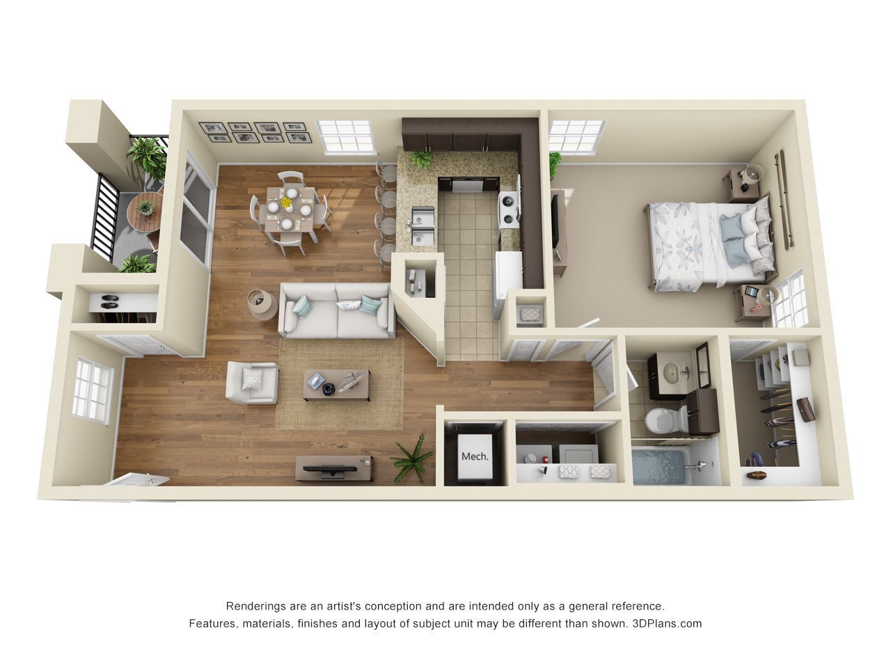 3D floor plan of a modern apartment with living room, kitchen, bedroom, bath, and balcony