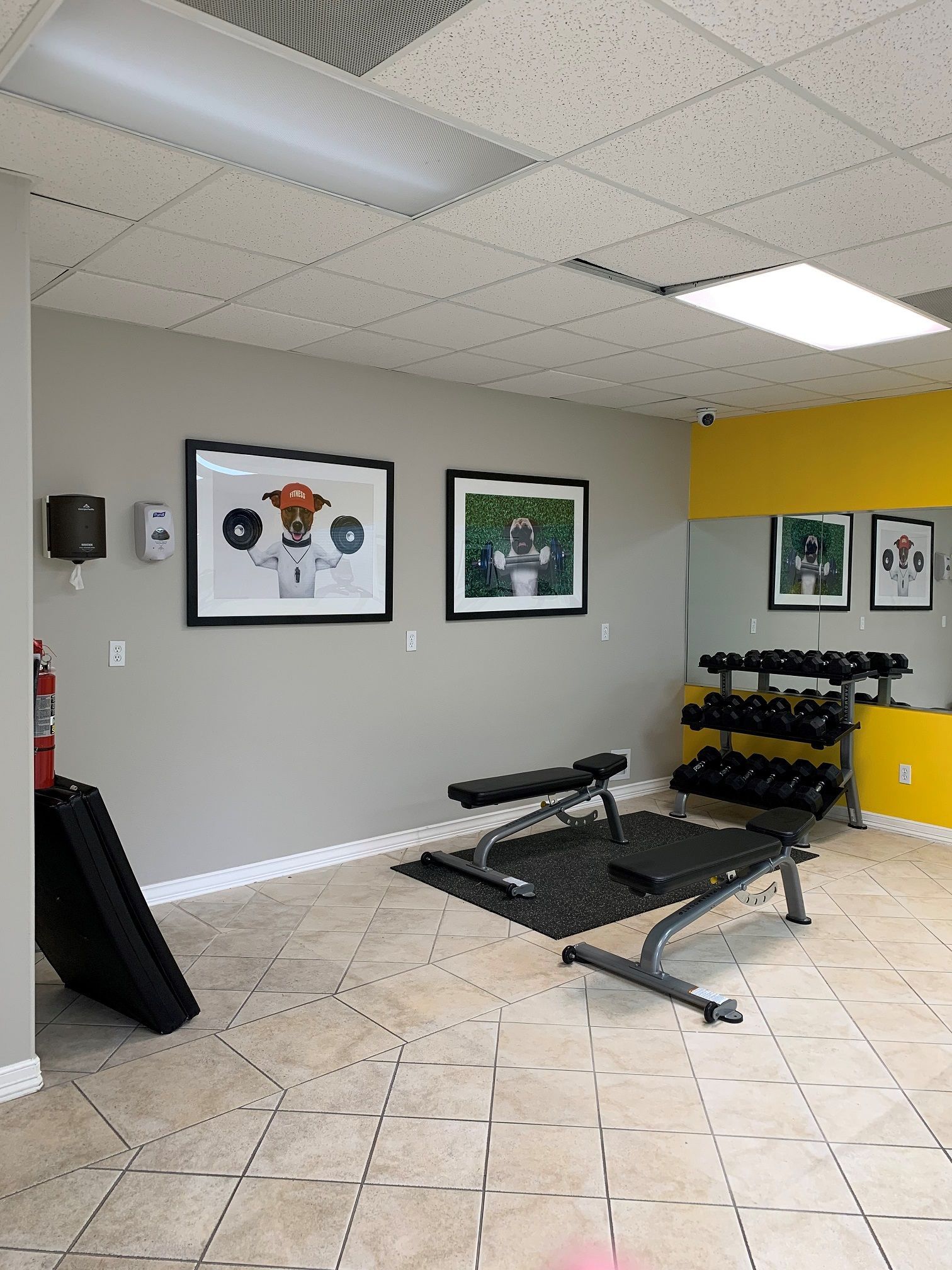 Small gym room with weight bench, dumbbells, framed photos, and tiled floor.