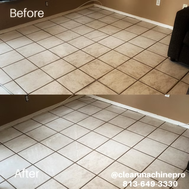 Comparison of before/after tile cleaning: dirty tile floor before, clean tile floor after.