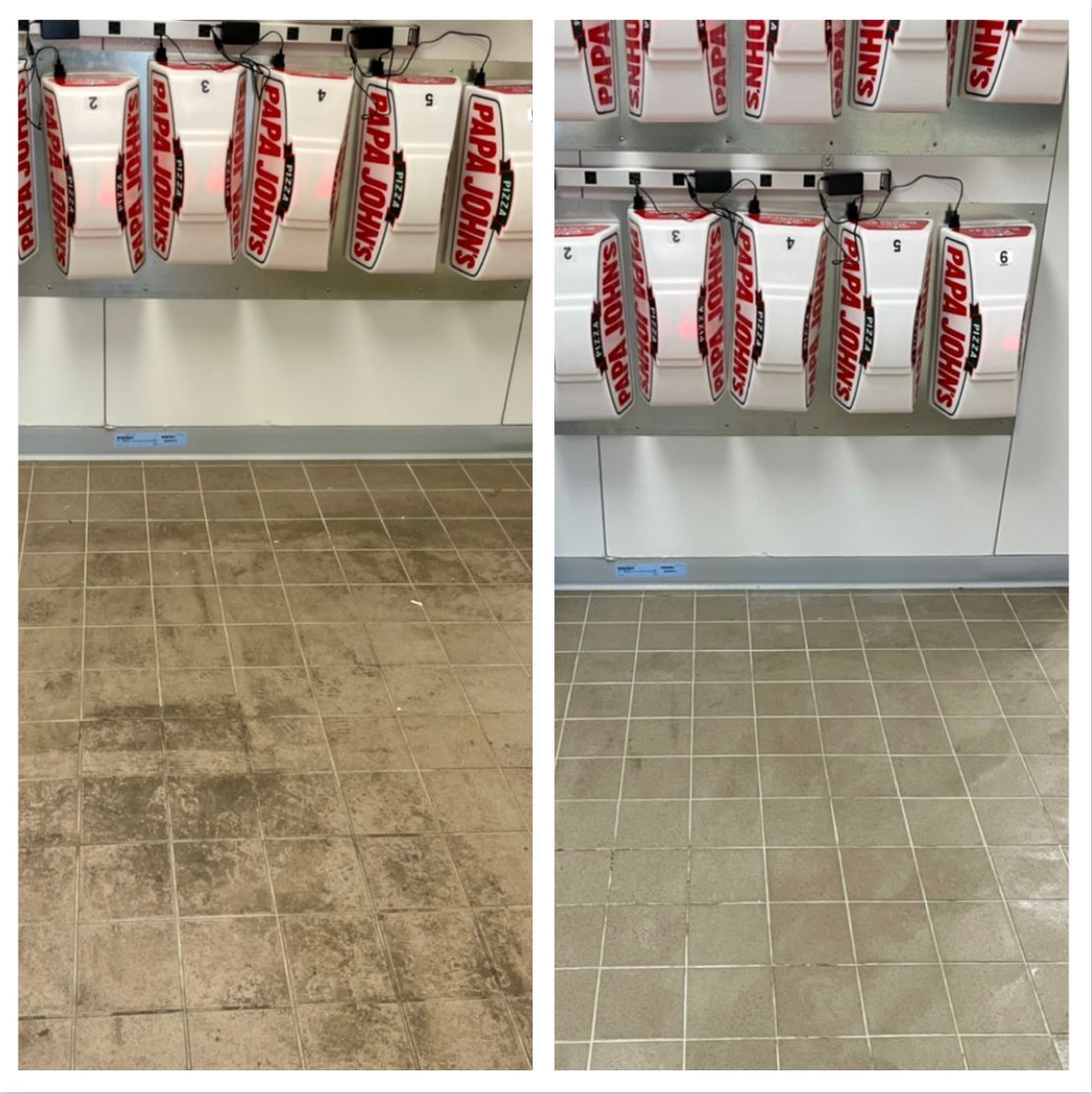 Before-and-after of dirty and clean tiled floor beneath Papa John's pizza boxes.