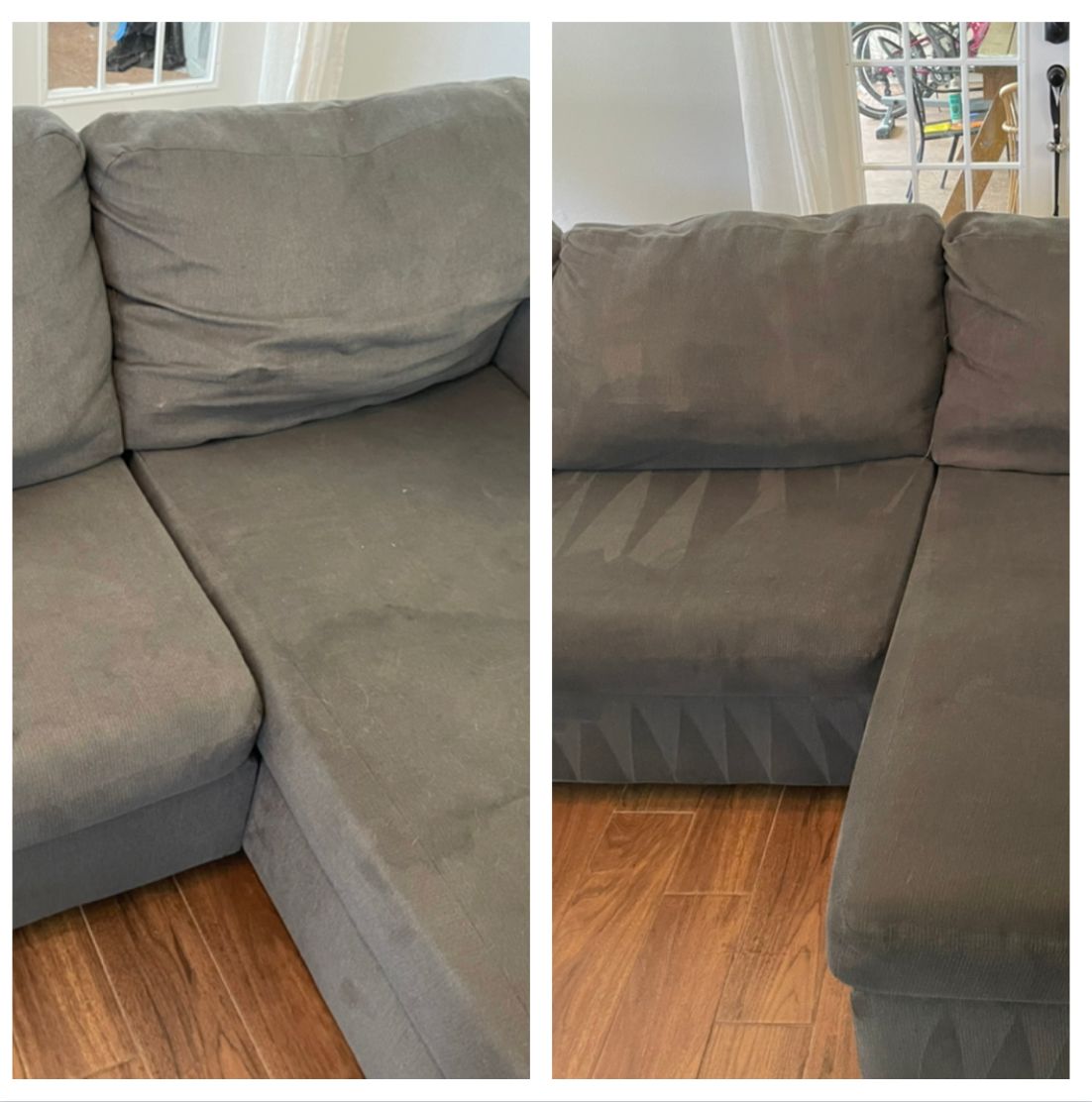 Before and after of a gray sectional sofa, cleaned. Interior with hardwood floors and natural light.