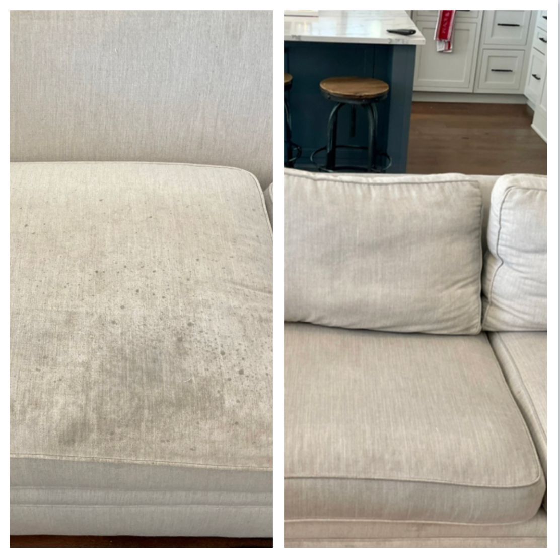 Comparison of a dirty sofa cushion (left) and a cleaned sofa cushion (right). Beige fabric.