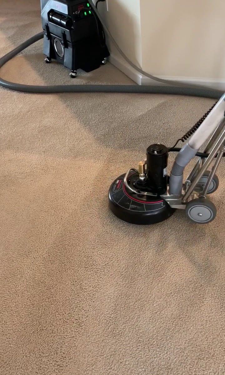 Carpet cleaner machine on beige carpet, near a white wall and a black machine with a gray hose.