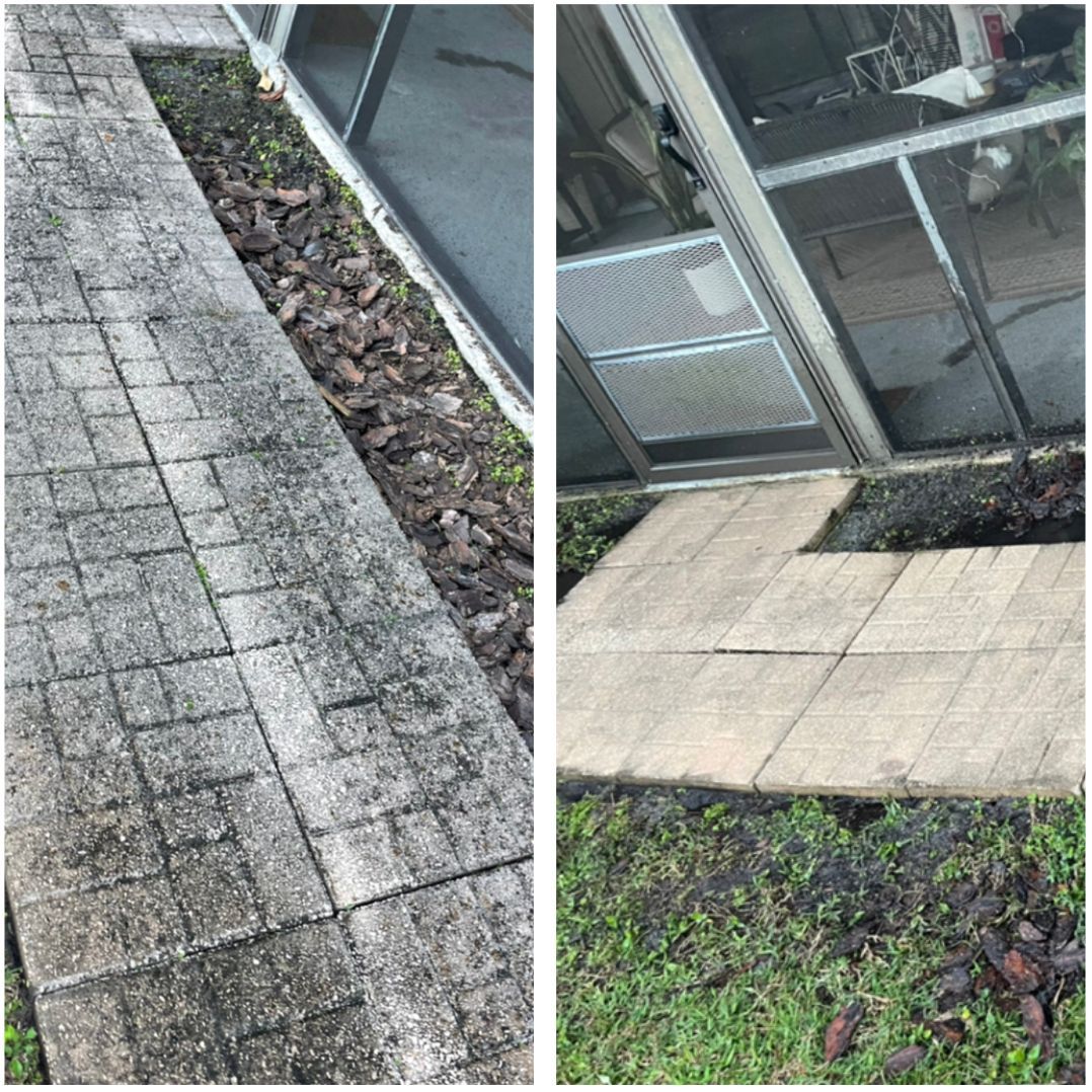Two views: brick path next to a building with a trough filled with leaves and grass.