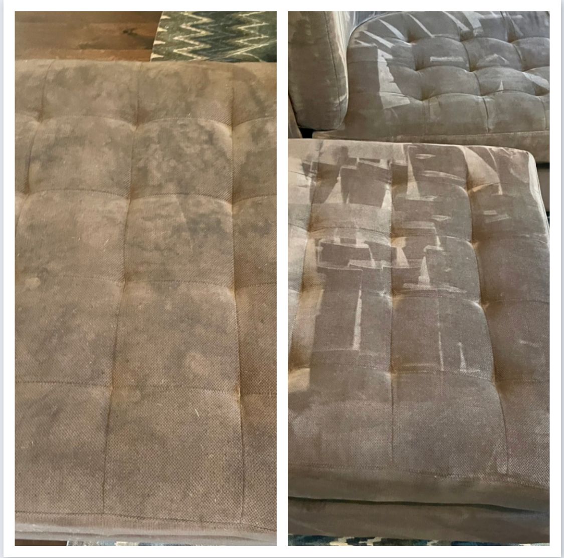 Before and after view of a beige tufted couch cushion; stained before cleaning, clean after.