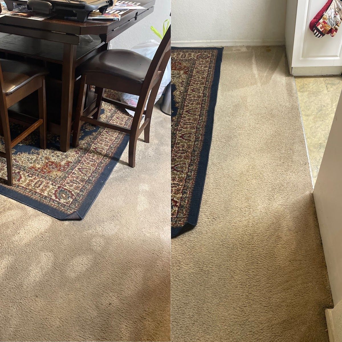 Carpeted floors with dark brown rugs near a wooden table and chair, adjacent to a white cabinet.