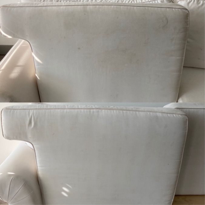 Before and after comparison of a white couch cushion showing stain removal.