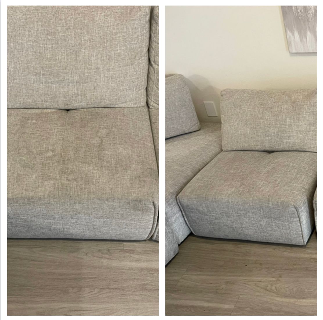 Two photos: gray fabric sofa, front view on left, angled view on right. Both against beige wall, wooden floor.