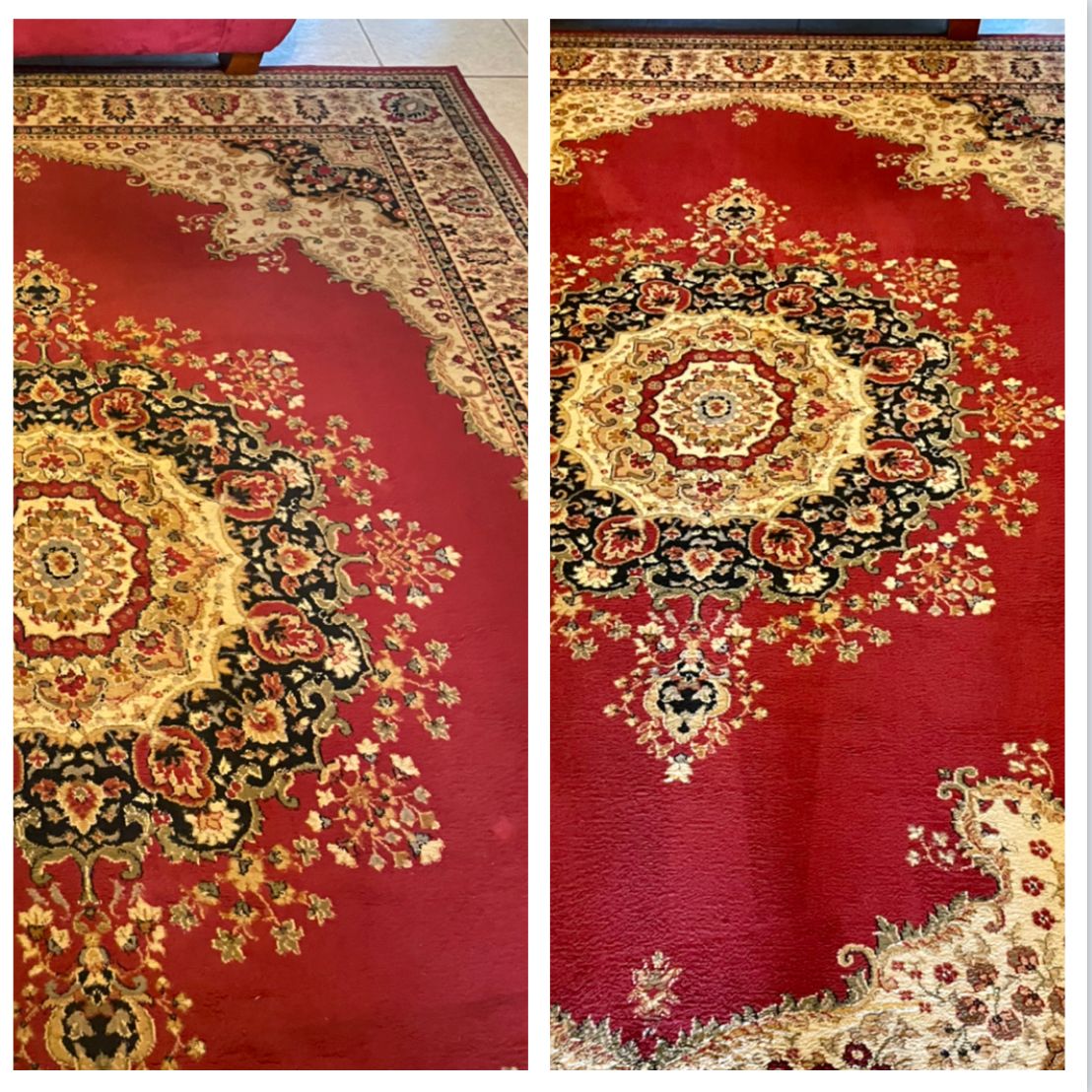 Two red Persian rugs with detailed floral patterns and cream borders.