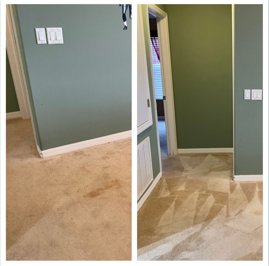 Before and after carpet cleaning; dirty tan carpet to clean, light tan carpet in hallway.