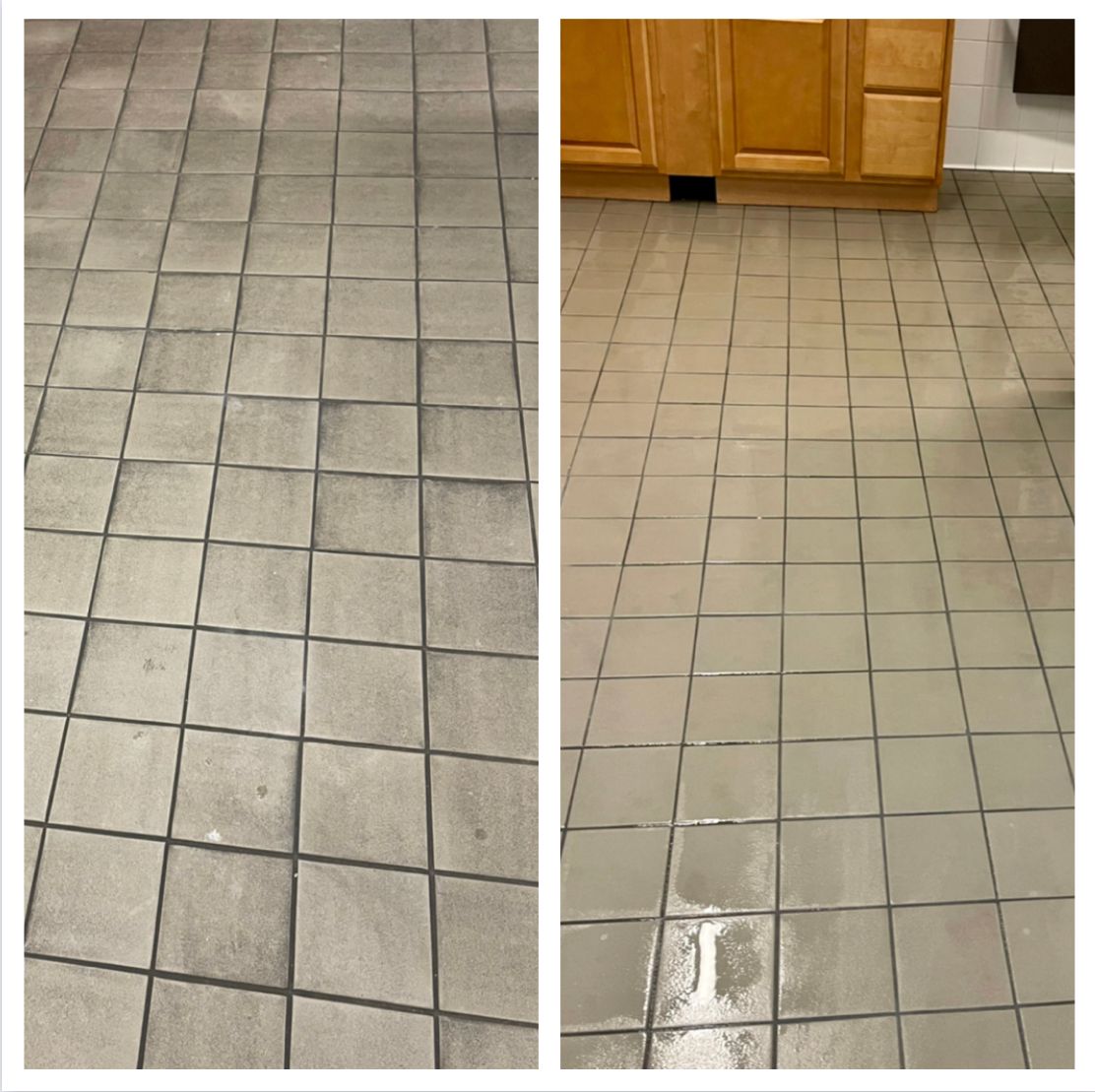 Before and after of a tile floor cleaning. Left side: dirty floor. Right side: clean floor, with wooden cabinets in background.
