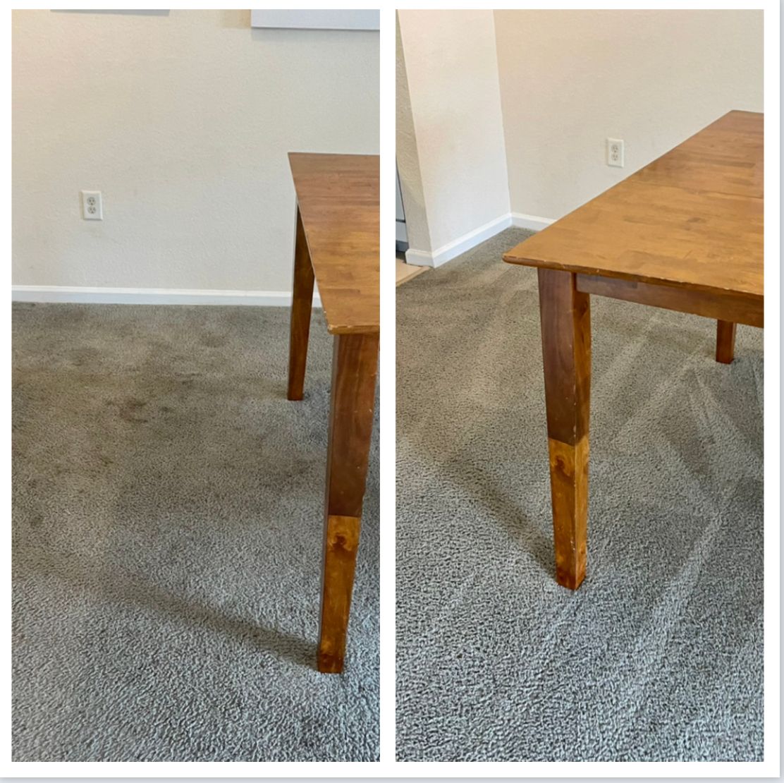 Two photos of a brown wooden table on gray carpet. The table legs are stained and worn.