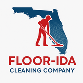 Logo for Floor-ida Cleaning Company: red figure mopping inside blue Florida outline; red company name below.