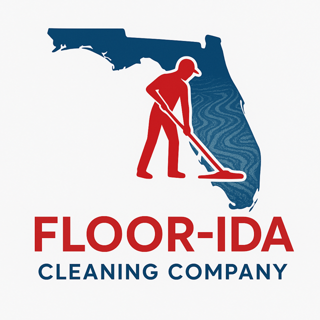 Logo for Floor-ida Cleaning Company: red figure mopping inside blue Florida outline; red company name below.