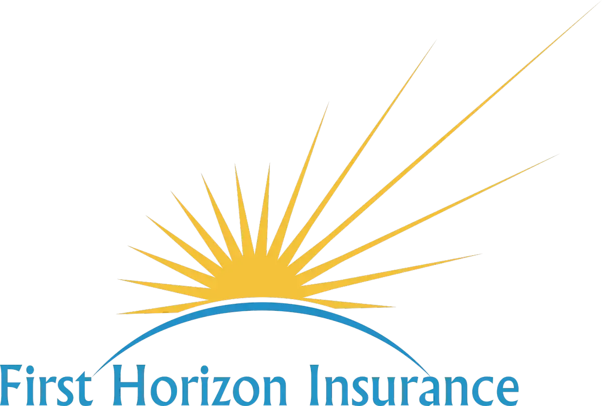 The logo for first horizon insurance shows a sun shining over a horizon