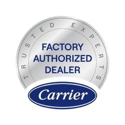 Carrier Factory Authorized Dealer badge with silver, blue, and white design