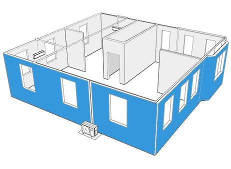 3D floor plan of a house with blue exterior walls and interior rooms outlined in white