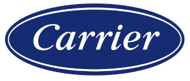 Carrier logo in white script inside a blue oval with a white border