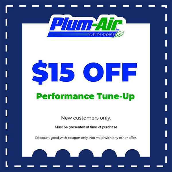 Plum-Air coupon: $15 off performance tune-up for new customers only, blue and white design.