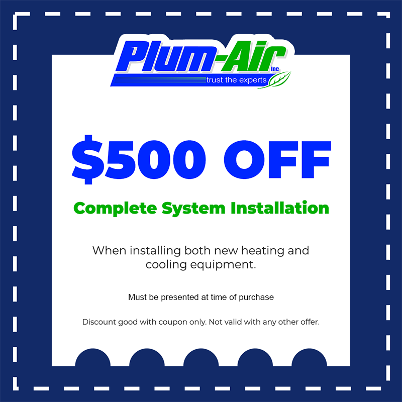 Plum-Air coupon: $500 off complete system installation, blue and green ad with dashed border.