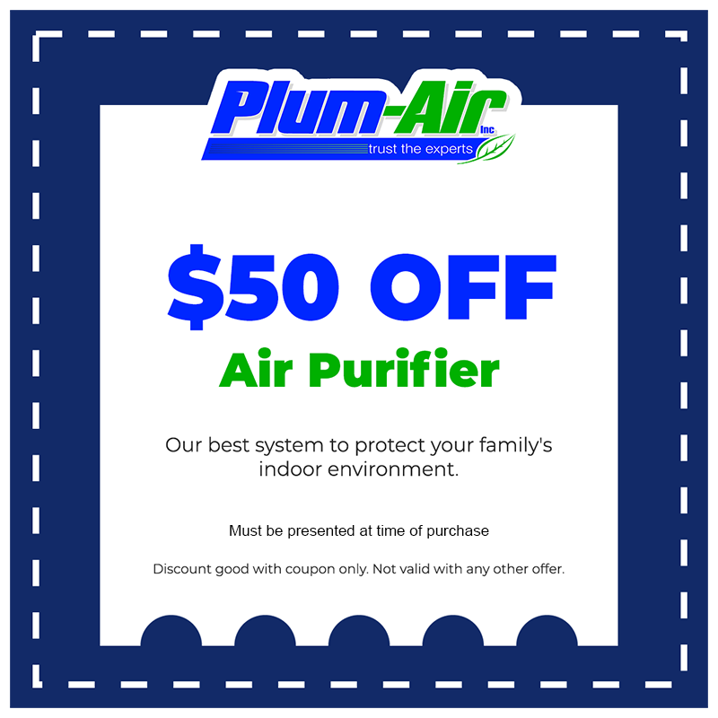 Plum-Air coupon offering $50 off air purifier, blue and green text on white coupon with dark blue border