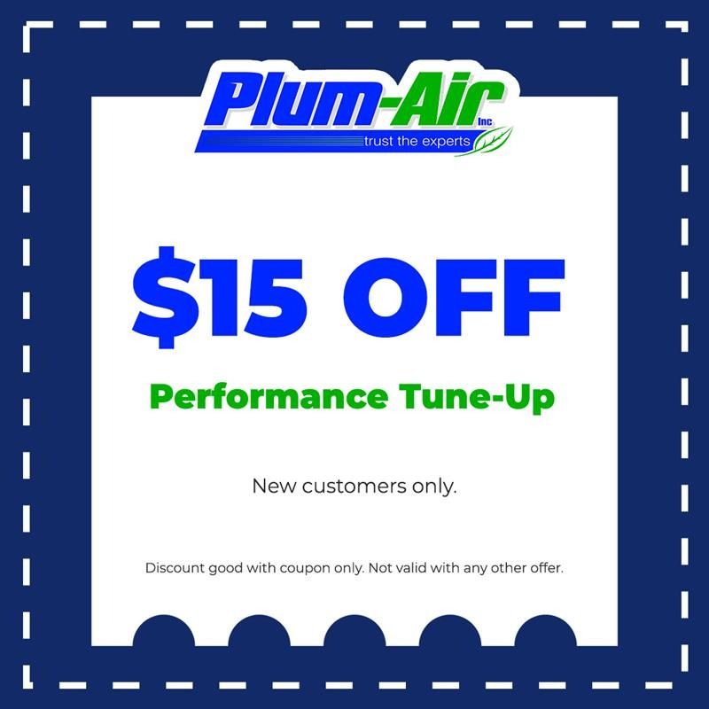 Plum-Air coupon: $15 off performance tune-up, new customers only, blue and white design