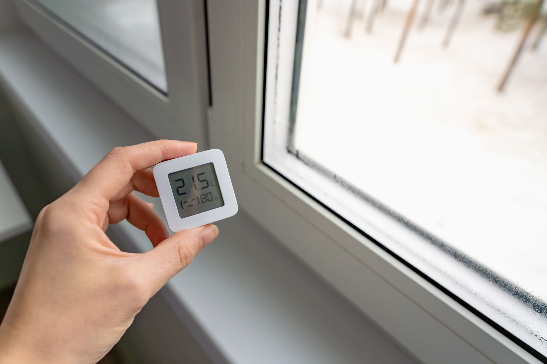 Hand holding a small digital thermometer near a window with condensation on the glass