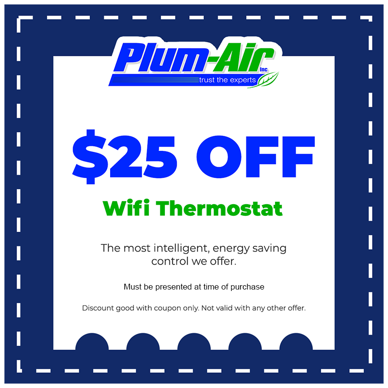 Plum-Air coupon: $25 off WiFi thermostat, blue and green on white with dotted blue border.