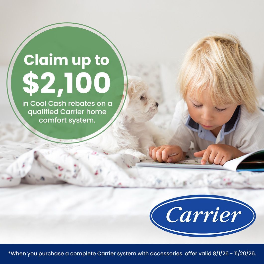 Family relaxing on couch with HVAC promo text: “Spring into savings, 0% interest for 60 months.”