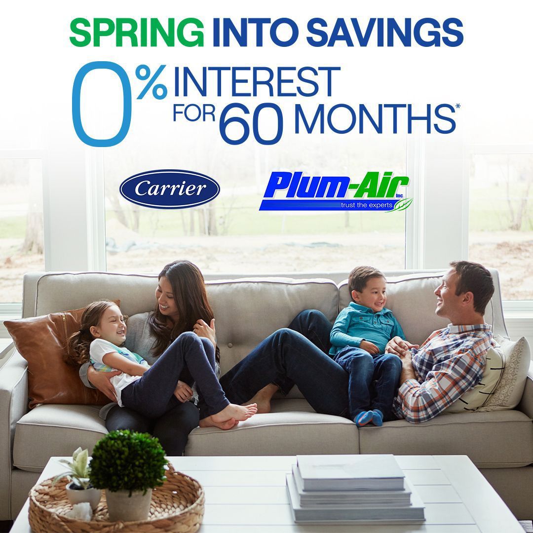 Family relaxing on couch with HVAC promo text: “Spring into savings, 0% interest for 60 months.”