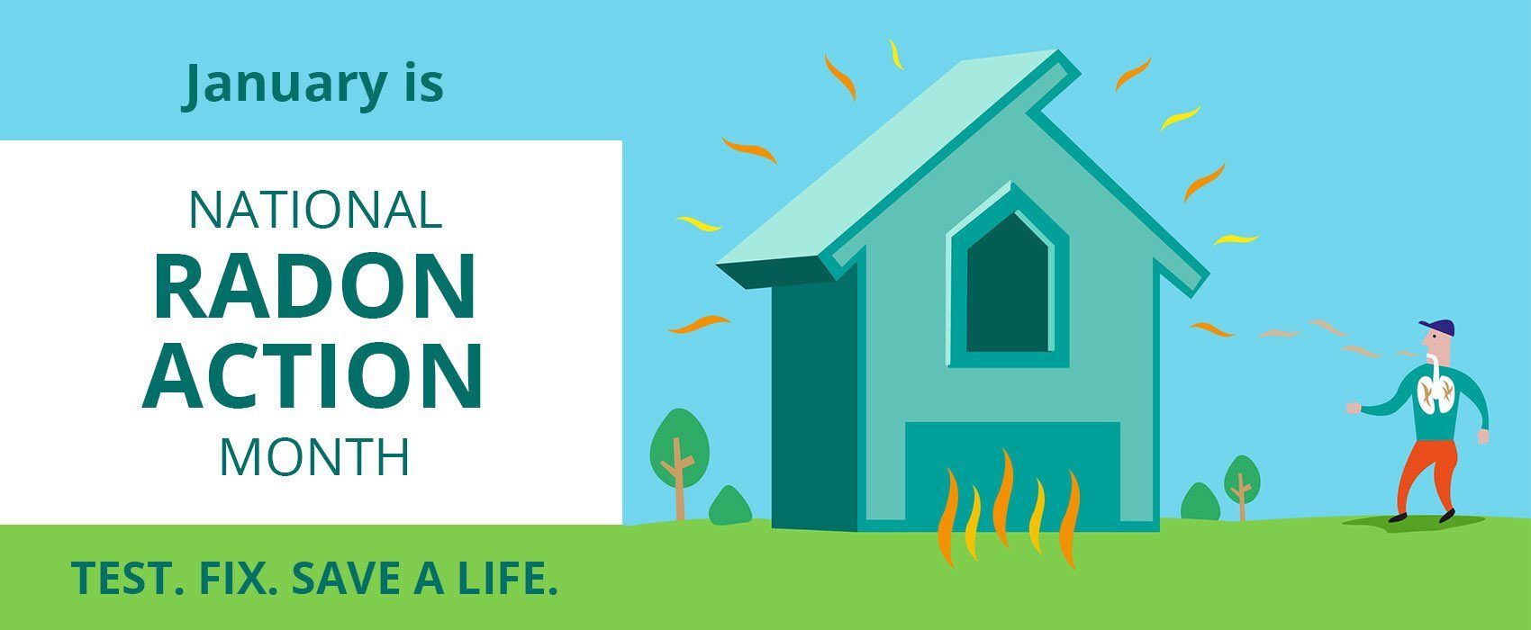 January is national radon action month and a man is standing in front of a house.