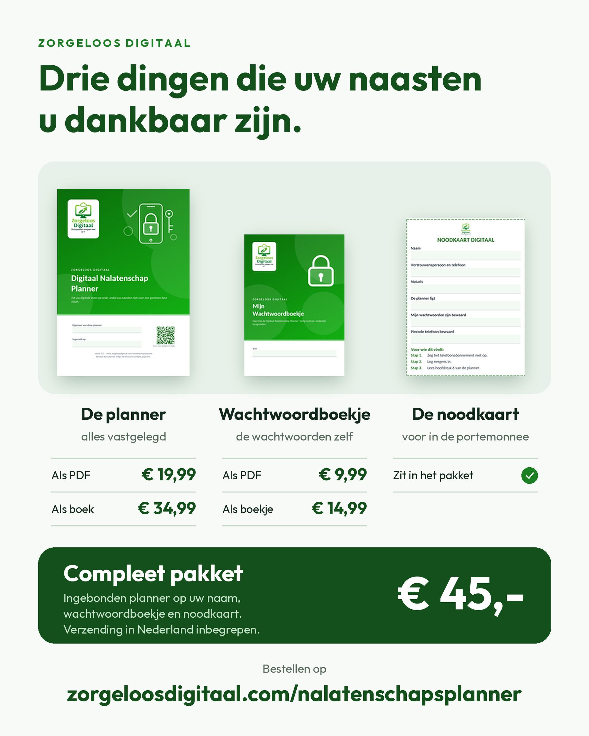 Flyer met de planner, het wachtwoordboekje en de noodkaart, met alle prijzen en het complete pakket voor 45 euro