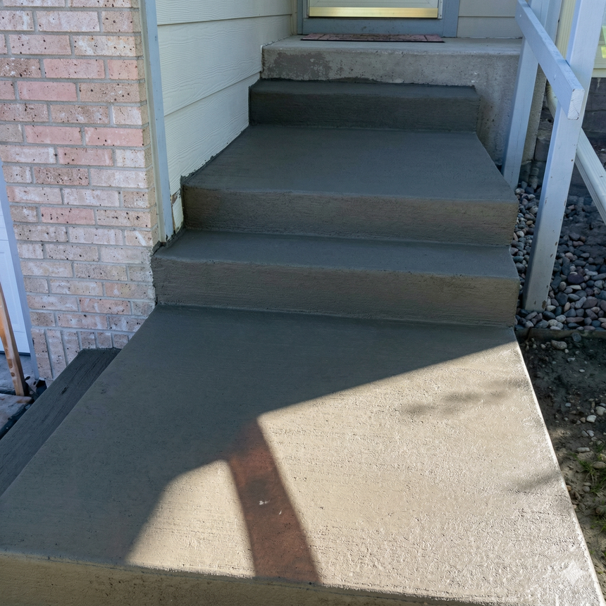 Concrete front porch steps and a landing leading up to a house entrance, with a light-colored brick wall to the left.