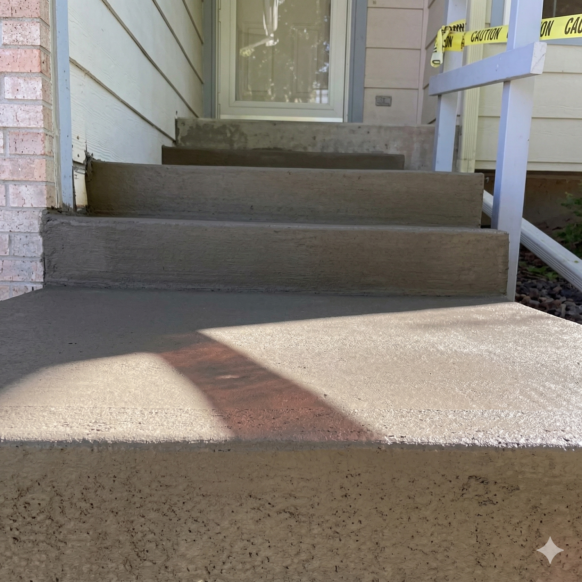 Newly resurfaced concrete front steps with a gray texture and caution tape on the railing.