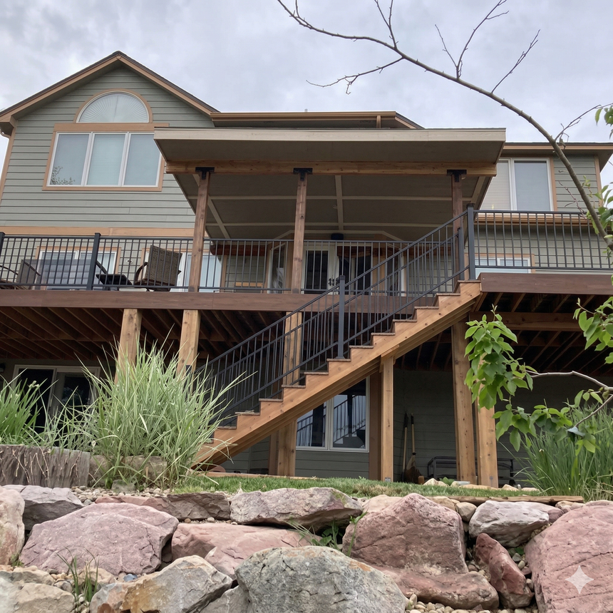 A house with a large wooden deck featuring a covered area, black railings, and outdoor stairs, built on a rocky slope.