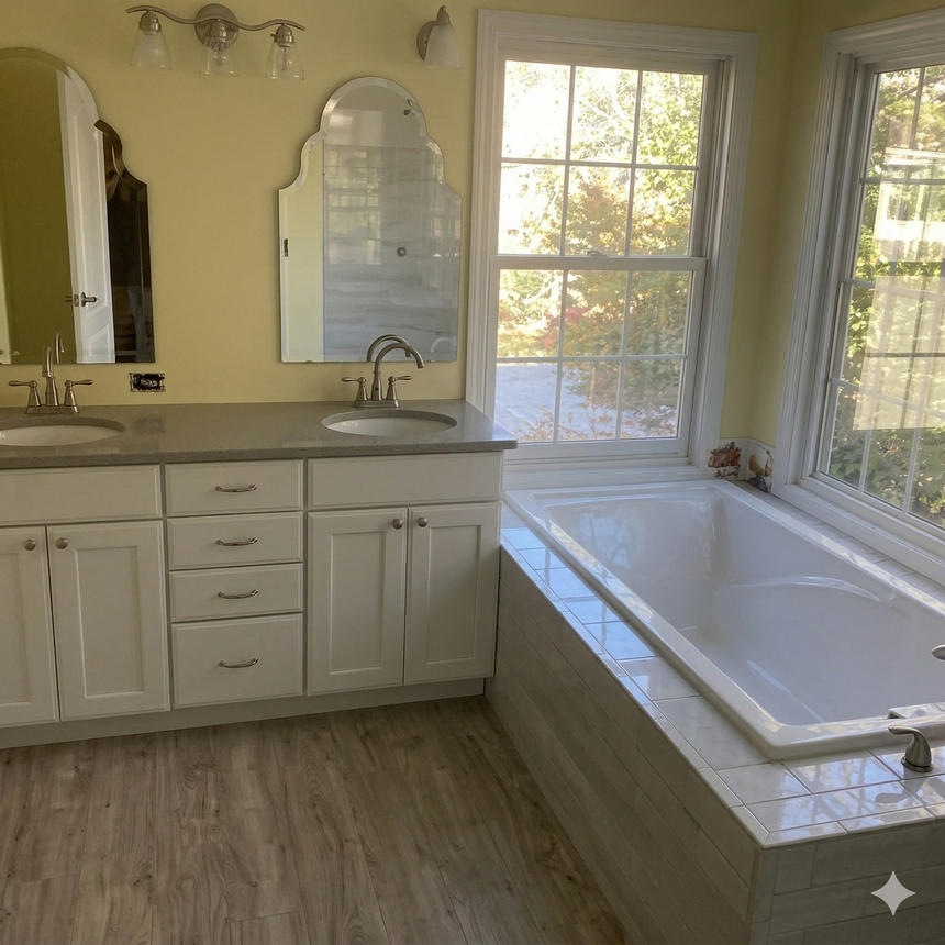 A bright bathroom with a white double vanity, dual arched mirrors, yellow walls, wood-look flooring, and a large soaking tub.