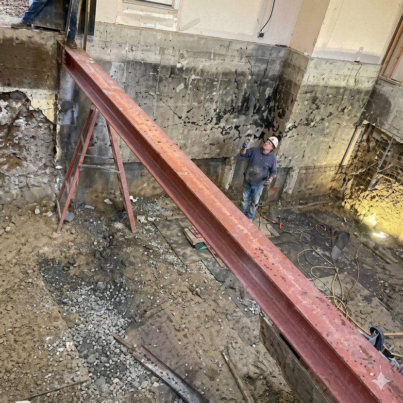 A worker in a hard hat stands near a large steel I-beam spanning an excavated construction site with concrete walls.