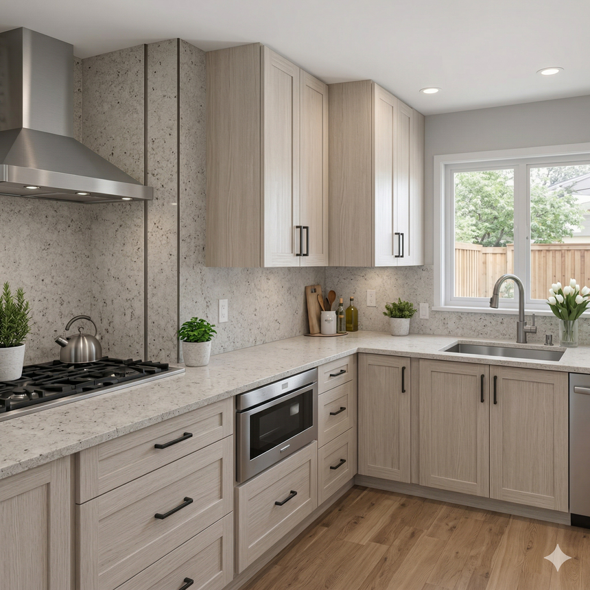 A modern kitchen with light wood-grain cabinets, speckled countertops, stainless steel appliances, and a window.