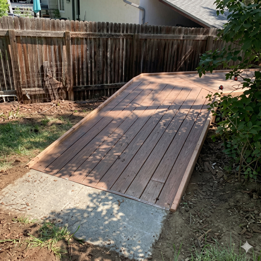 A wooden ramp transitions from a concrete sidewalk to a backyard area with a wooden fence.