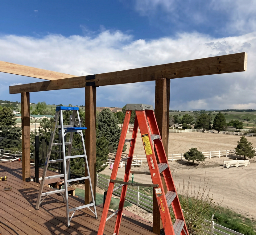 Two ladders stand on a wooden deck next to vertical posts supporting a large horizontal wooden beam under a blue sky.