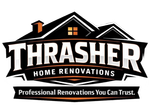 Thrasher Home Renovations logo with black roof graphic, orange chimney, and tagline “Professional Renovations You Can Trust.”
