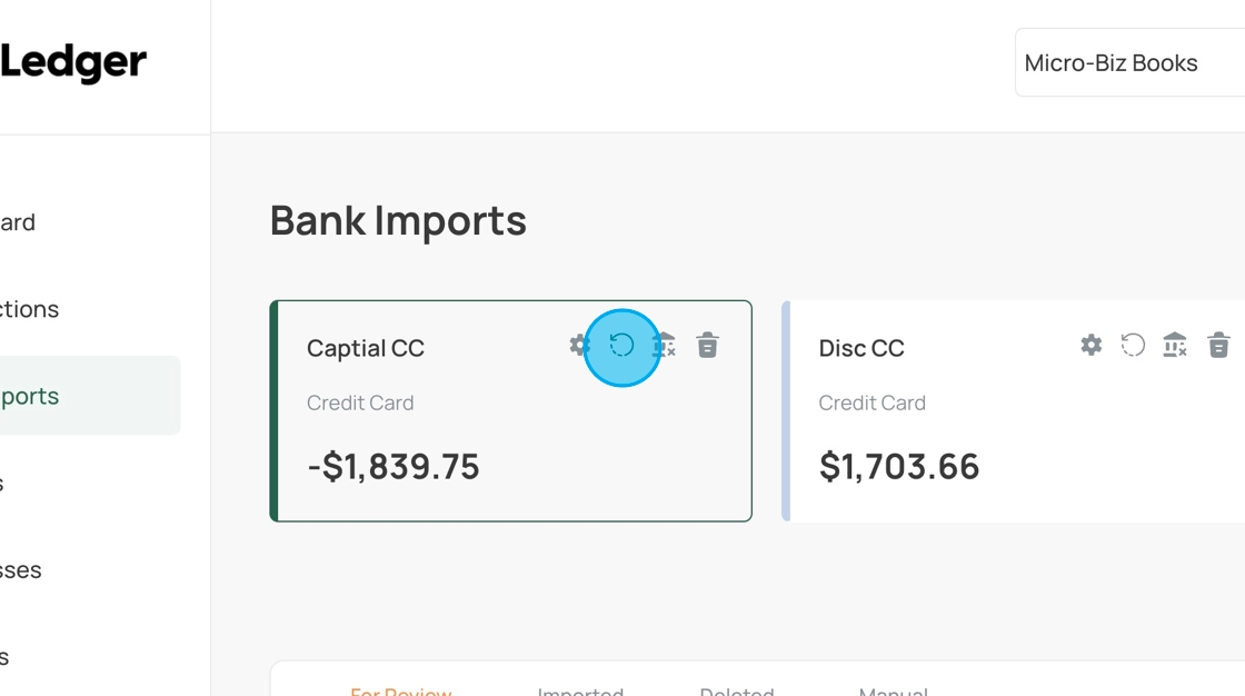 A screenshot of a ledger dashboard showing bank imports.