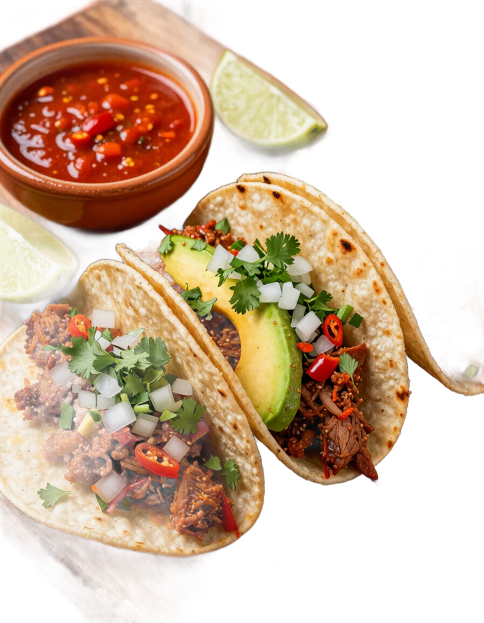 Plated street taco trio with lime and salsa roja