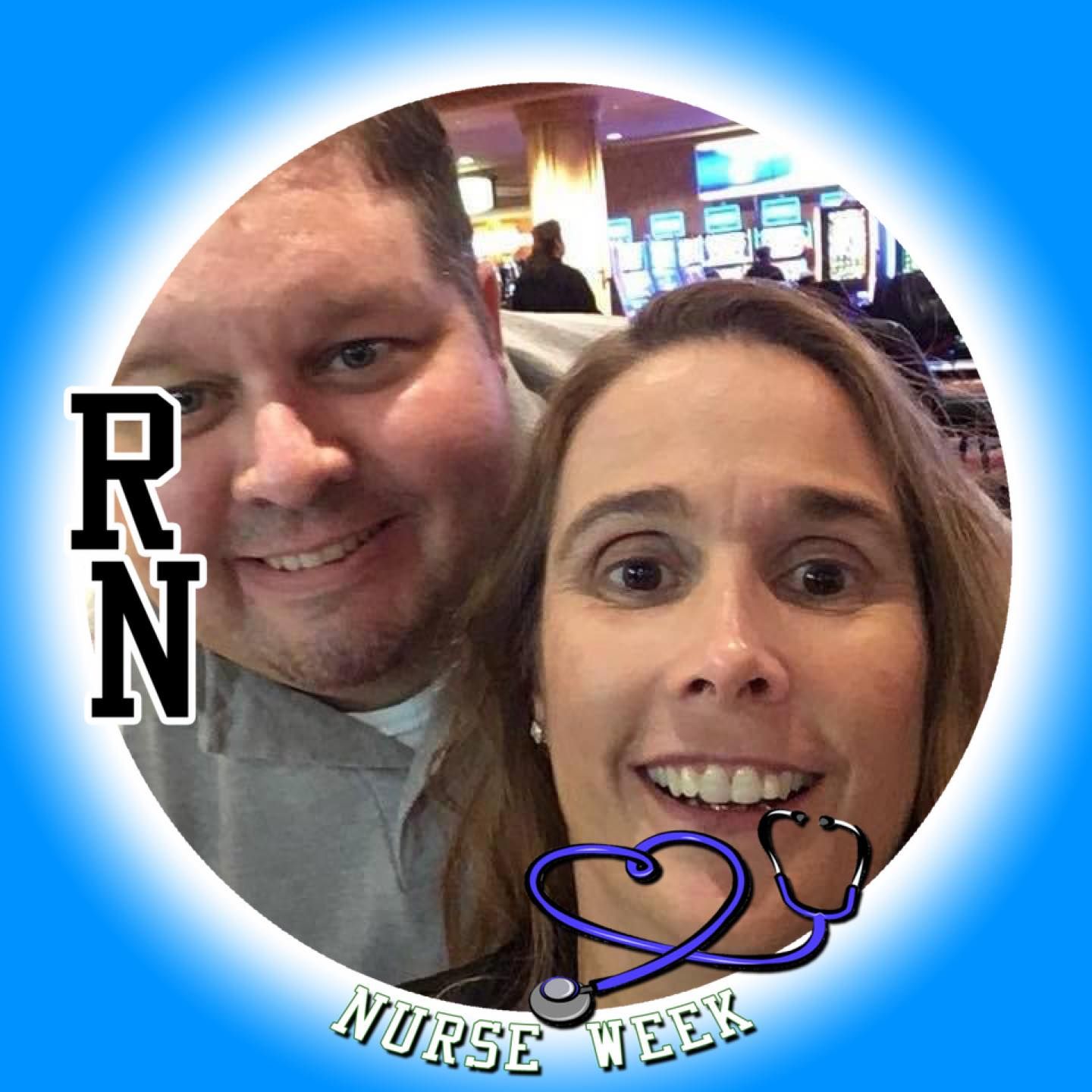 Two people smiling in a circular frame with “RN” and “Nurse Week” text and a stethoscope graphic.