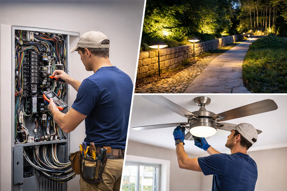 Electrician services collage: wiring panel, landscaped night path lighting, and ceiling fan installation