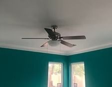 Teal room with white ceiling, ceiling fan, and two bright windows