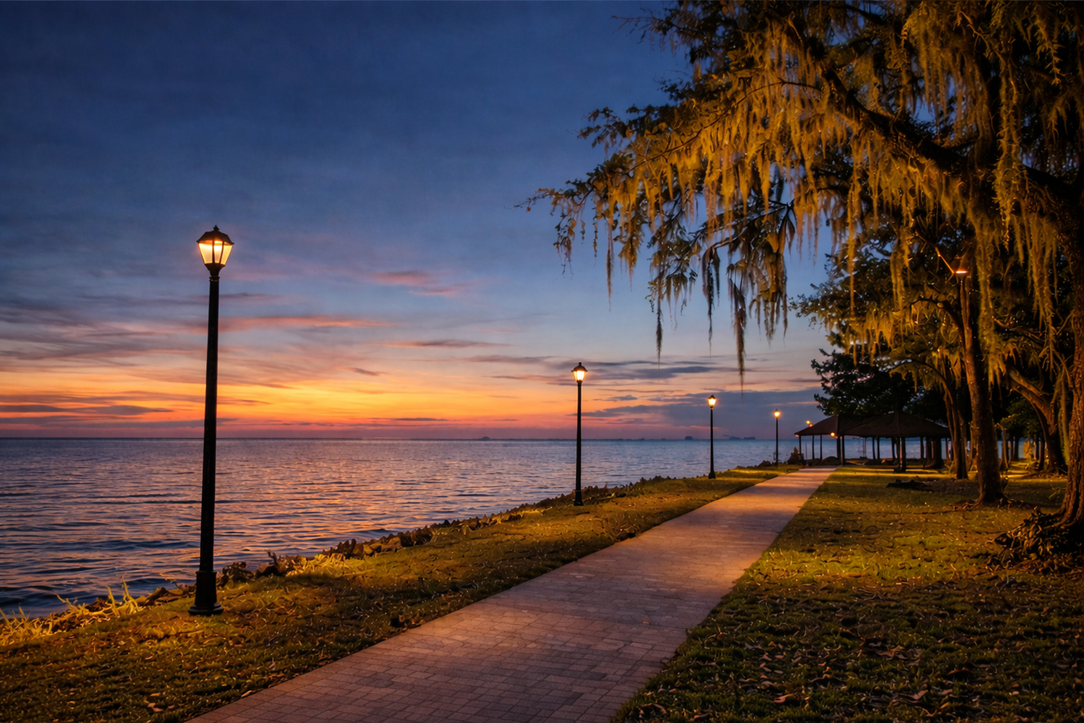 Sunset along a waterfront path with lit lampposts, calm water, and hanging moss trees on the shore