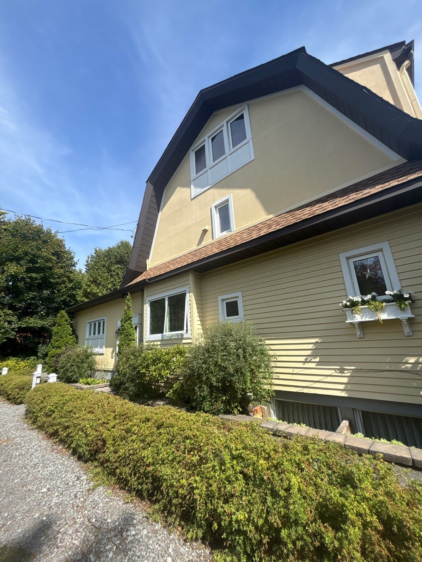 Maison jaune aux fenêtres à encadrement blanc, toit sombre et haies sous un ciel bleu