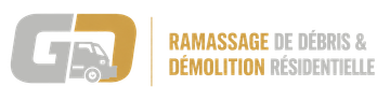 Logo for “GO” with a truck icon and the text “Ramassage de débris & démolition résidentielle”